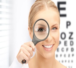22184191 - medicine and vision concept - woman with magnifier and eye chart